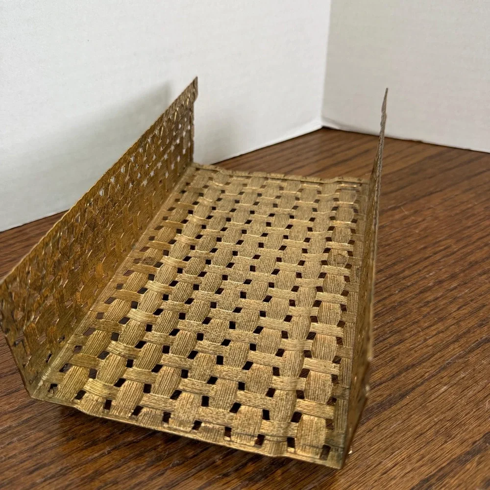 Hollywood Regency Gold Metal Towel Tissue Holder Woven Vanity Bathroom Decor